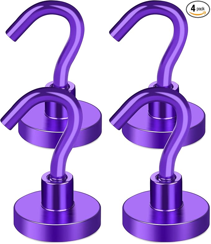 MIKEDE Magnetic Hooks Heavy Duty, 28LB+ Strong Magnets with Hook for Fridge, Neodymium Extra Strength Industrial Hooks for Hanging, Magnetic Hanger for Toolbox, Cruise, Grill (Purple, 4 Pack)