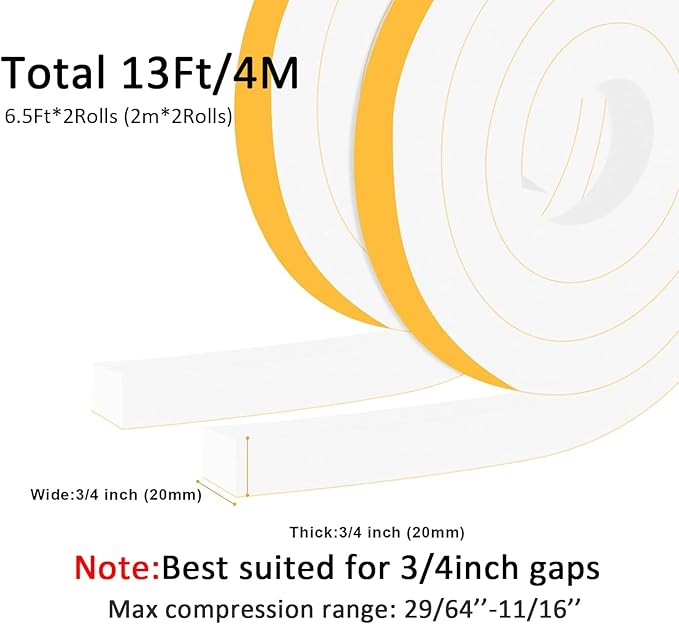 Weather Stripping Door Seal Strip, Strong Adhesive Doors and Windows Insulation Soundproof Weatherproof Foam Tape for Sliding Door, Front Door Frame, Window, Lightproof(3/4 In x 3/4 In x 13Ft)