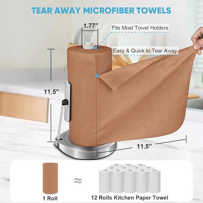 AIDEA Microfiber Cleaning Cloth Roll, 75PK, Reusable Paper Towels Tear Away Cloth, Microfiber Towels Washable Shop Rags, Lint Free Cleaning Rags for House, Kitchen, Window, 11.5"×11.5", Coffee
