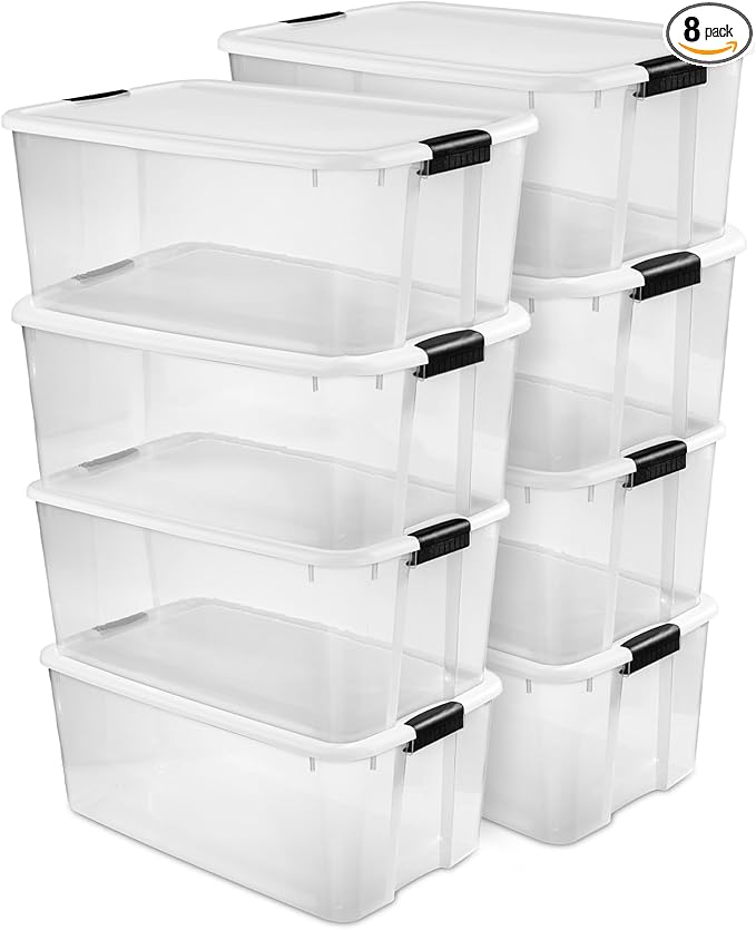 Sterilite 8-Pack Ultra Latching Box, Storage Bins with Lids, Clear Plastic, 116 Quart - Heavy-Duty Organizing Containers for Closet, Bathroom, and Office