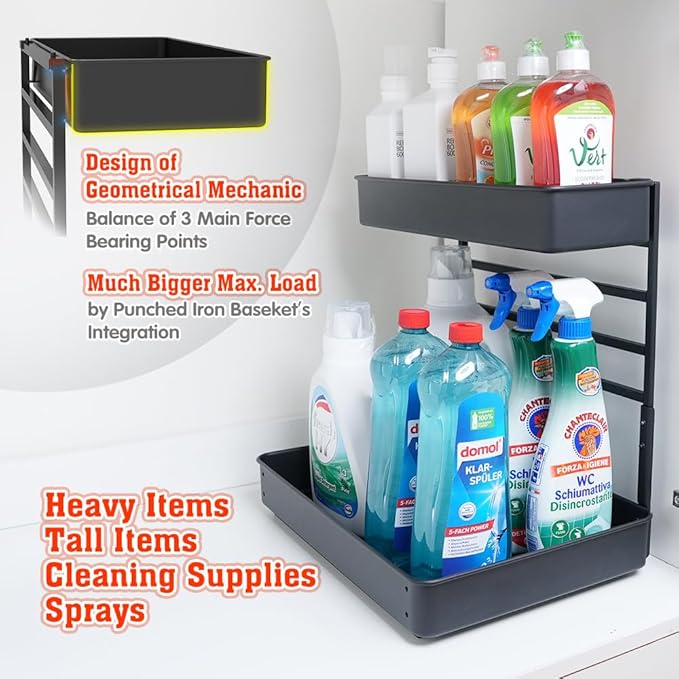 EVERIE Metal Pull Out Slide Shelf Organizer for Under Sink Organization in Kitchen, Bathroom, Counter, Cabinets, Minimum Available Space 13" Wide x 16.5" Deep (Black, 1 Set)