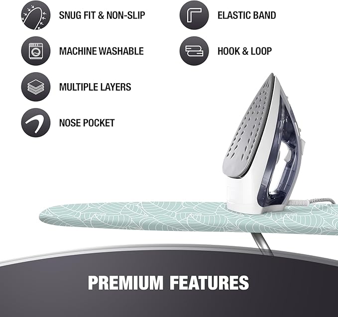 Extra Thick Ironing Board Covers with Pad Standard Size 15x54, Heat Reflective Full Scorch Resistant Padding, Snug Fit Non-Slip Nose Pocket Fastener Straps Elastic Edges, Green Floral