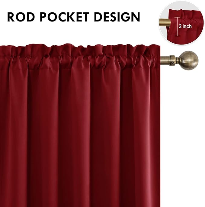 DWCN Blackout Curtains for Bedroom – Rod Pocket Thermal Insulated Noise Reducing Noise Reducing Drapes for Living Room, W 60 x L 63 Inch, 2 Panels, Burgundy