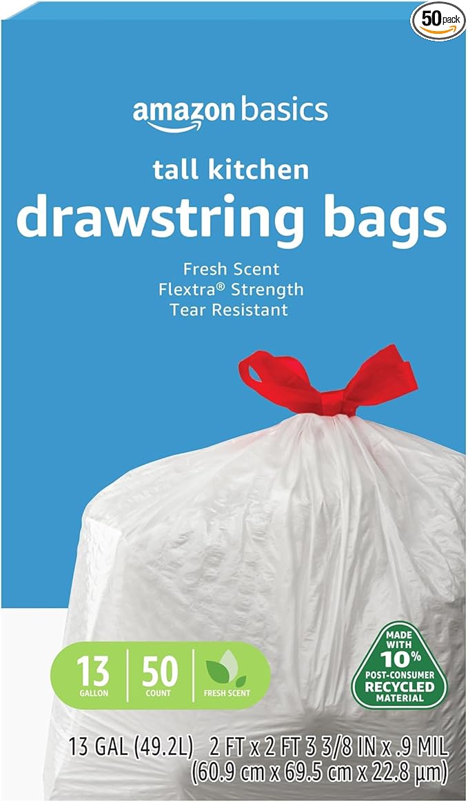 Amazon Basics 13 Gallon Flextra Strength Tall Kitchen Drawstring Trash Bags, Tear Resistant, Clean Fresh Scent, 10% Recycled Content, 50 Count