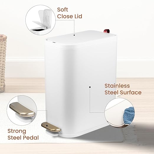 BETHEBEST Bathroom Trash Can with Lid,Stainless Steel Garbage Can with Removable Inner Bucket,Soft Close,Step Pedal,15 Liter/4 Gallon Trash Can for Bathroom,Bedroom,Kicthen,Office(White)