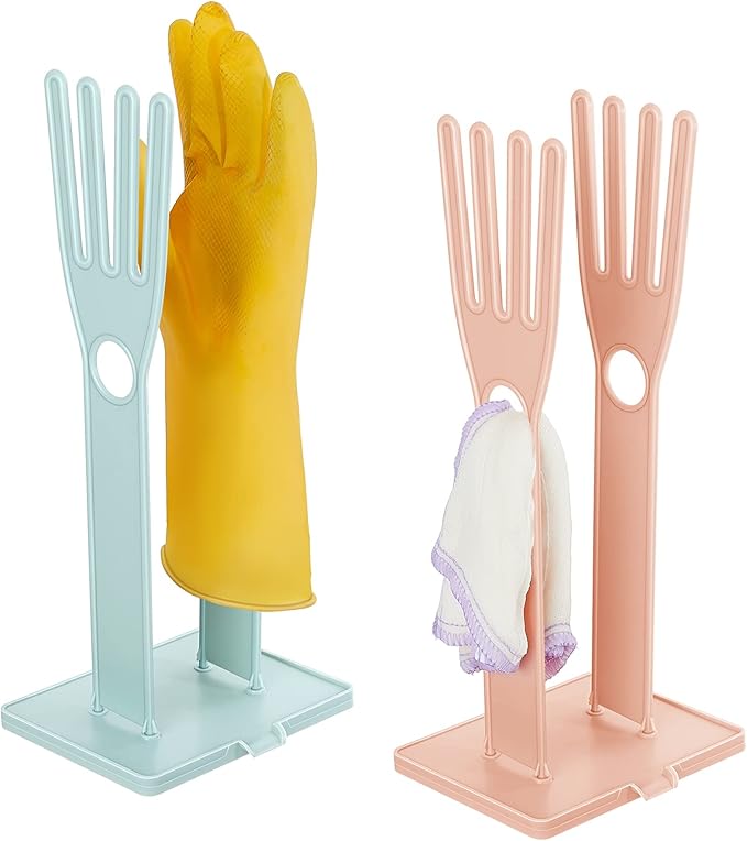 Nuenen 2 Pieces Kitchen Glove Holder Glove Drying Rack Dryer Plastic Mitten Rubber Rack Sink Stand Towel Hanger Reusable Towel Storage Holders for Sponge Food Bag Organizer, Pink and Blue