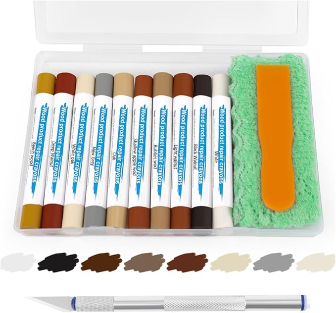 Wood Filler Sticks with 1P Box, 1P Knife, 1P Scraper and 1P Rag, Pletpet 10 Colors Furniture Crayon Touch Up Wood Filler Nail Hole Wax Sticks for Repairing Scratches and Nail Holes (10p)