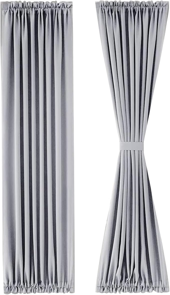 DWCN French Door Curtains – Rod Pocket Thermal Blackout Curtain for Doors with Glass Window, Kitchen and Patio Doors for Privacy, 23 X 72 Inches Long, 1 Curtain Panel with Tieback，Silver Grey
