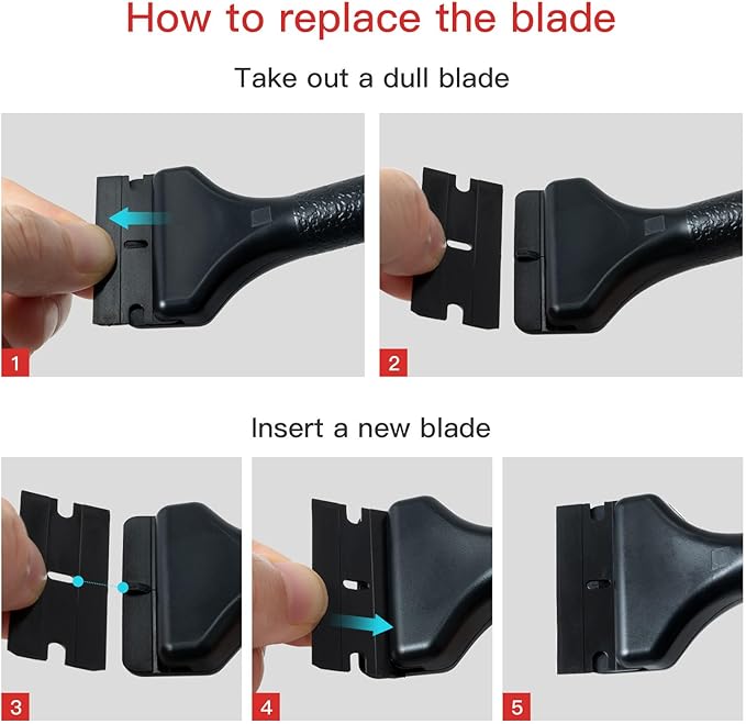NEWISHTOOL 2 Pcs Long Handle Plastic Razor Blade Scraper With 100 PCS Spare Replacement Blades, Sticker Remover Glue Residue Tool for Hard to Reach Corner