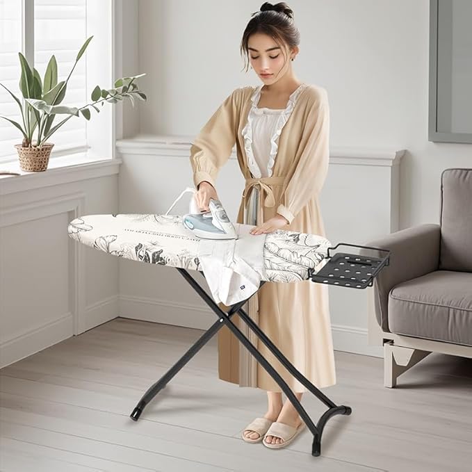 Ironing Board,Foldable Ironing Board Adjustable Height Compact Iron Board Thick Steel Tube Iron Board with Holder,Replacing Cloth Cover and Mini Handheld Gloves(Leaf Print)