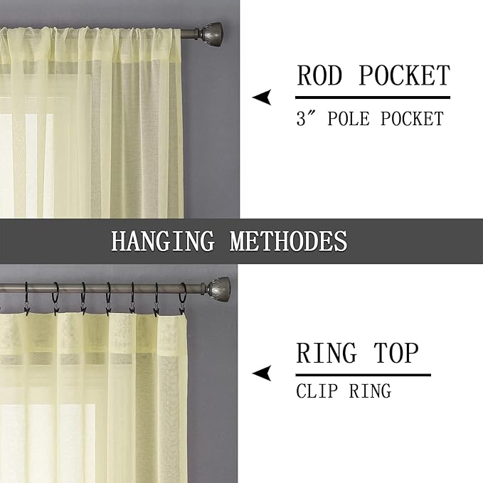 Tollpiz Short Sheer Curtains Linen Textured Living Room Curtain Sheers Light Filtering Rod Pocket Voile Curtains for Bedroom, 42 x 45 inches Long, Transparent Yellow, Set of 2 Panels