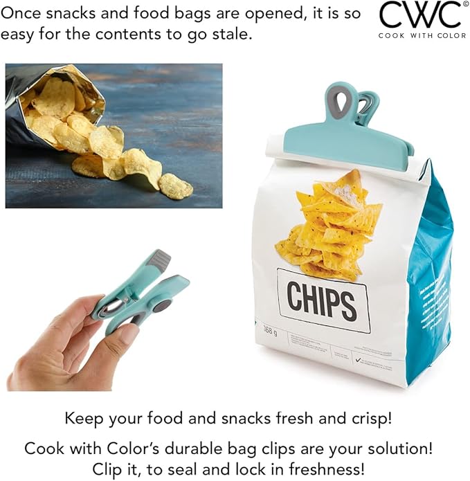 COOK WITH COLOR Bag Clips - Heavy Duty Chip Clip and Refrigerator Magnet Clips for Food Storage with Air Tight Seal Grip, Teal, Pack of 8
