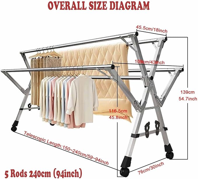 5Poles Clothes Drying Rack,Stainless Steel Laundry Rack with Wheels, Blanket Rack Clothesline, Extendable,with Windproof Hooks,for Indoor Outdoor