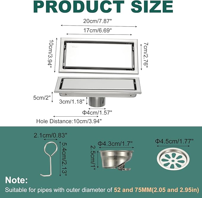 uxcell Rectangular Shower Drain, Brushed 304 Stainless Steel Odor-Proof Floor Drain Linear Shower Drain Hair Catcher for Bathroom Kitchen and Laundry Room(8 Inch, Bright Silver)