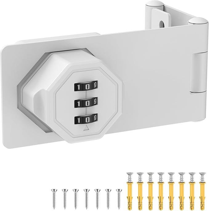 90 Degree 3-Digit Combination Cabinet Lock, Zinc Alloy Keyless Folding Hasp Lock Latch, Password Security Rotary Door Latch for Office File Cabinet, Drawer, Locker, Cupboard (1, White)