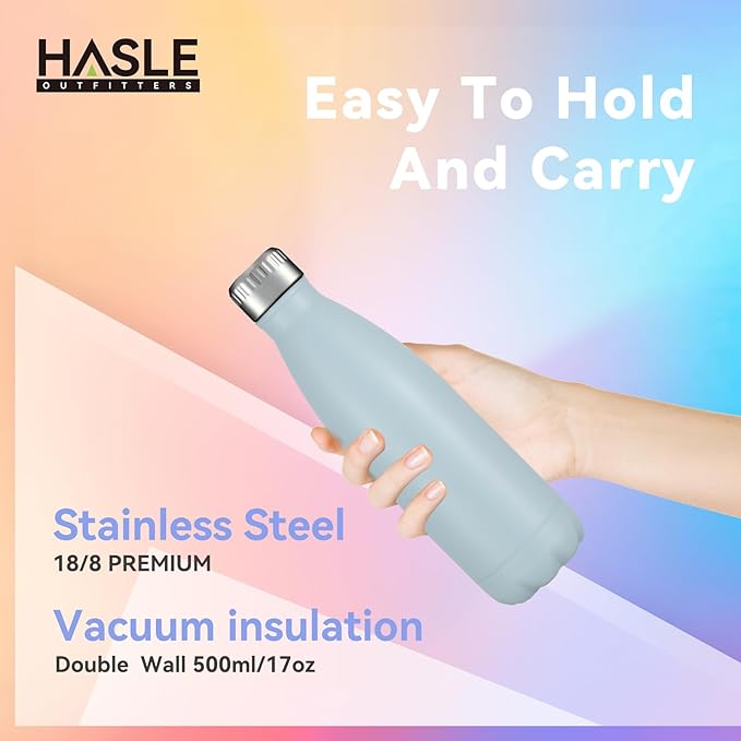 HASLE OUTFITTERS 17oz Stainless Steel Water Bottles Bulk, Vacuum Insulated Water Bottles Double Walled Reusable Metal Sports Water Bottles Keep Drinks Hot and Cold, Light Blue, 8Packs