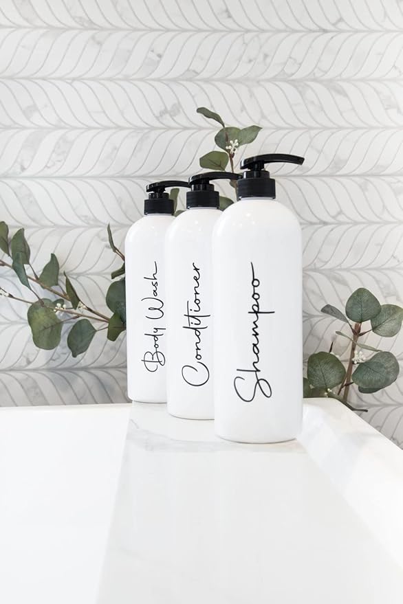 Alora 32oz Reusable Shampoo and Conditioner Bottles - Set of 3 - Easy to Read Labels - Pump Bottle Dispenser for Shampoo, Conditioner, Body Wash - Empty Plastic Refillable Containers for Shower