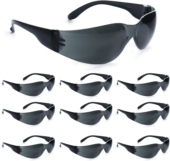 amoolo Tinted Safety Glasses Bulk of 48, Protective Safety Sunglasses, Dark Smoke Lenses for UV Protection, ANSI Z87.1 Impact Resistant Eye Protection for Work, Lab, Construction