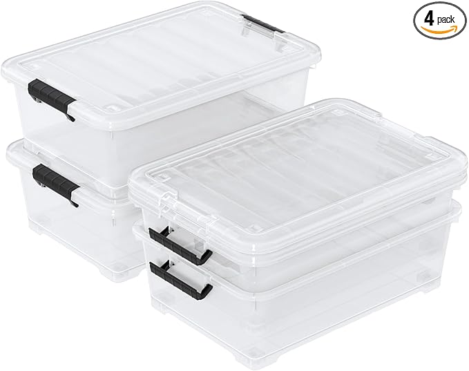 4 Packs Under Bed Storage Containers with Clear Lid, Large Stackable Plastic Latching Bins with Rolling Wheels, 40 Quart