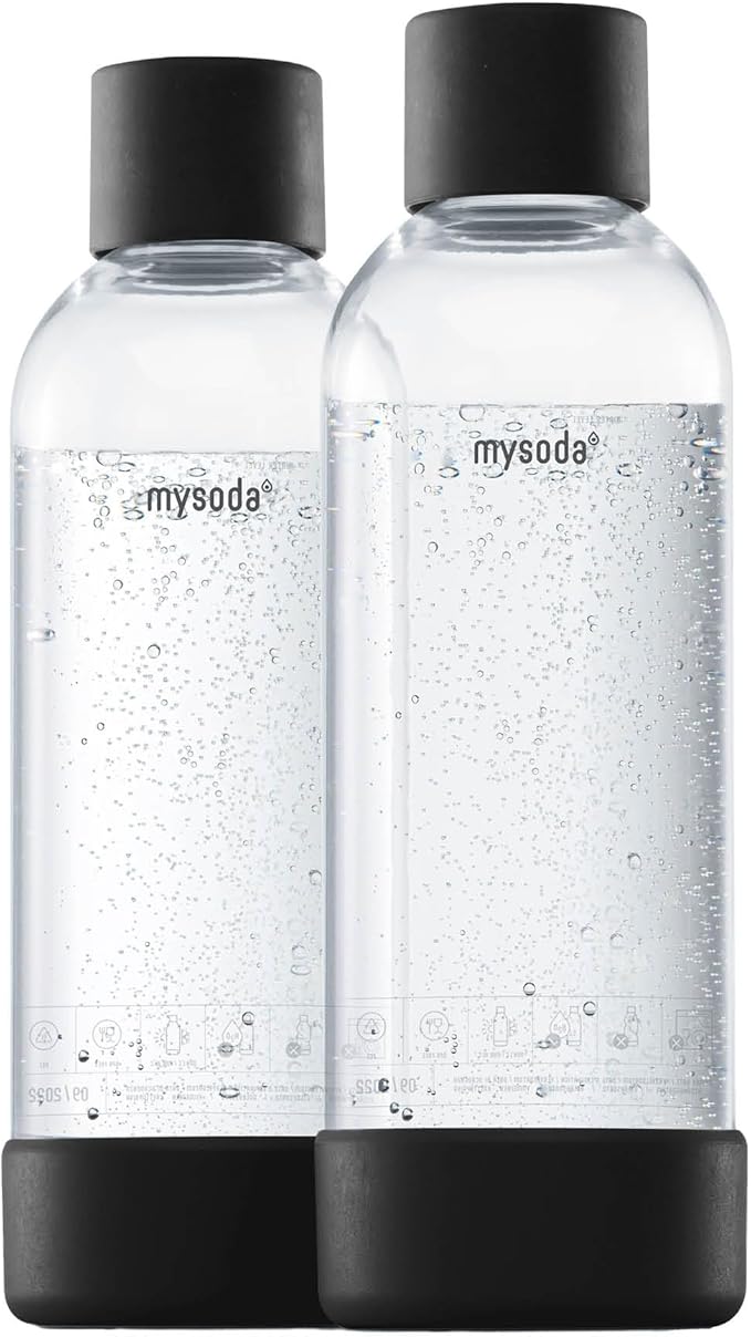 Mysoda Carbonating Bottles 2Pck 1L - Compatible with MySoda and any brands - Lid and Base Made of Wood Composite - Quick-Lock Reusable Bottles - BPA Free - Black