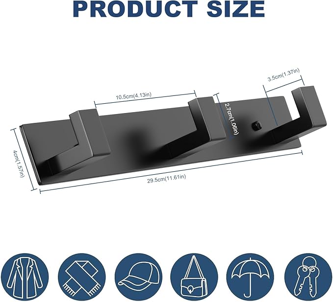 PMMASTO Coat Rack Wall Mount, Coat Hooks Wall Hooks for Hanging, Stainless Steel Coat Hanger Towel Hooks for Bathrooms, Coat Rack Hat Rack (Black 3 Hooks, 1 Pack)