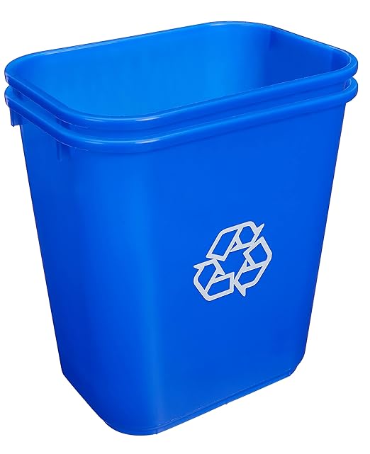 Amazon Basics Rectangular Commercial Office Wastebasket, w/Recycle Logo, 7 gallon (Pack of 2), Blue (Previously AmazonCommercial brand)