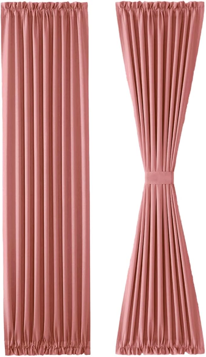 DWCN French Door Curtains – Rod Pocket Thermal Blackout Curtain for Doors with Glass Window, Kitchen and Patio Doors for Privacy, 36 X 72 Inches Long, 1 Curtain Panel with Tieback, Dry Rose