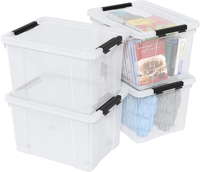 Set of 4 50 L Stackable Plastic Storage Container with Latching Lids and Wheels, Clear Home Garage Organization Bins Box, See-Through