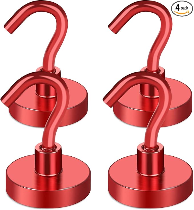 MIKEDE Magnetic Hooks Heavy Duty, 40 Lbs Magnet with Hooks for Cruise Cabins, Strong Magnets Neodymium for Hanging, Magnetic Wall Hooks for Refrigerator, Locker, Workplace(Red, 4 Pack)