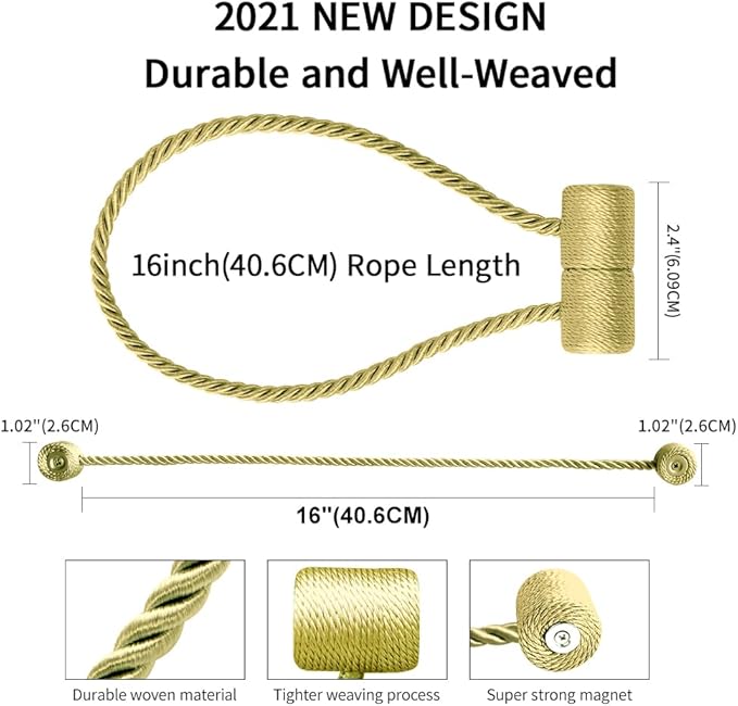 18 Inch Strong Magnetic Curtain Tiebacks, Curtain Holdbacks Modern Upgrade Strong 2021 New Twisted Style Decorative Drapery Rope Tie Backs(4 Pack Gold)