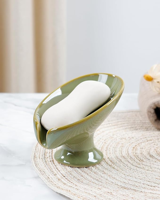 Soap Dish, Self Draining Bar Soap Holder for Bathroom Sink, Leaf Shaped Drainage Ceramic Olive Green Porcelain Decorative Soap Dish, No Suction Cup, ANTIS'S HOME