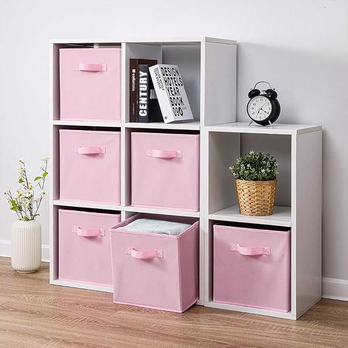 Stero Fabric Storage Bins 6 Pack Fun Colored Durable Storage Cubes with Handles Foldable Cube Baskets for Home, Kids Room, Closet and Toys Organization Pink