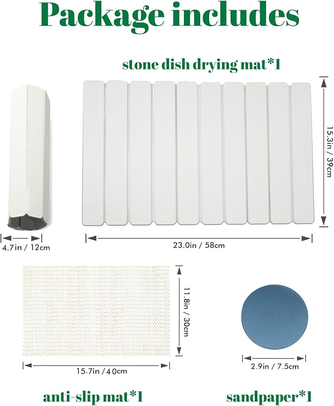 Dish Drying Mat, Diatomaceous Earth Absorbent Quick-Dry, Collapsible Stone Drying Mat for Kitchen Counter, Bath, Countertop, Dishes, Bottles, Cups, with Sandpaper & Non-slip Pad, 23"(L)x15.3"(W)