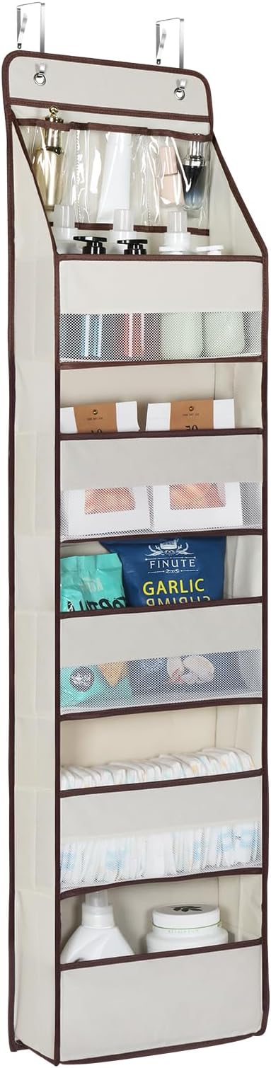 Univivi 6-Shelf Over Door Hanging Organizer Fabric Baby Door Storage with 5 Large Pockets and 3 Small PVC Pockets Wall Mount Hanging Storage Organizers for Baby Essential (Beige)