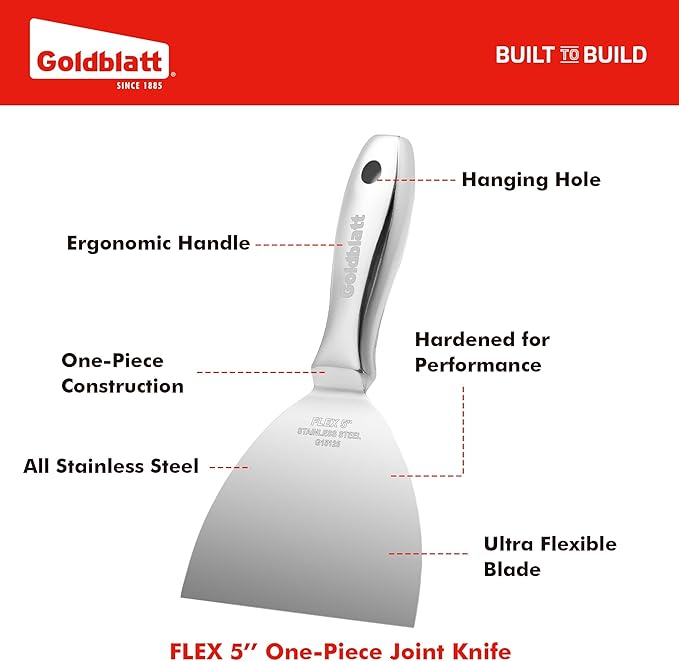 Goldblatt 5" Putty Knife, One-Piece Paint Scraper Tool, All Stainless Steel Joint Knife with Flexible Blade, Seamless Design, Metal Ergonomic Handle - for Drywall Repairing, Finishing and Scraping