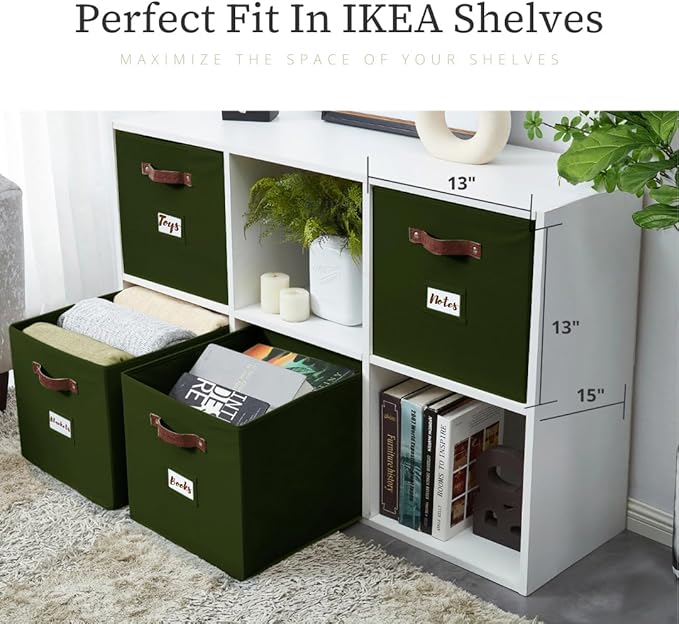 DECOMOMO Storage Baskets, 13x15x13 Storage Cube Bins with Labels for Organizing Shelves Kallax (Kallax / 4pcs, Olive Green)