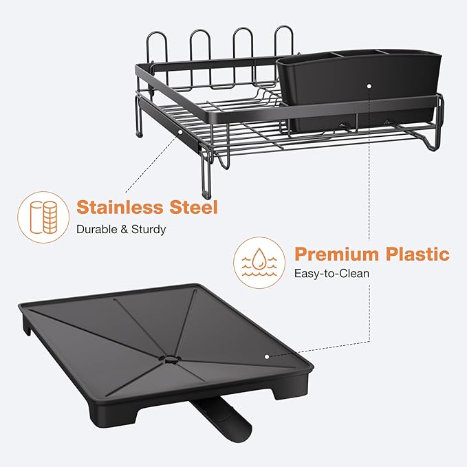 Dish Drying Rack,Extendable Dish Rack,Drying Rack with Automatic Drainboard，Dish Drainers for Kitchen Counter,Anti-Rust Dish Drainers with Cup Holders & Utensil,Black