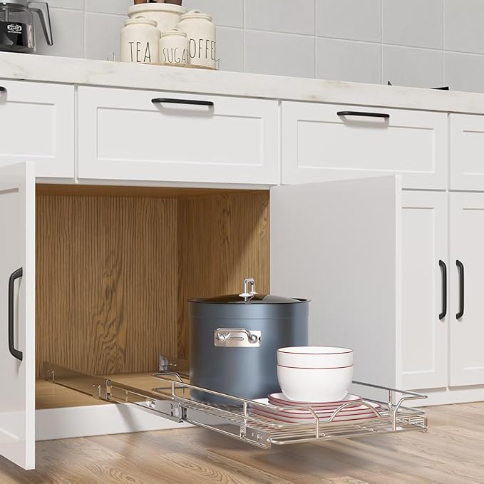 OCG Pull Out Cabinet Organizer (15" W x 21" D), Pull out Drawers, Cabinet Pull Out Shelves for Base Cabinet Organization in Kitchen Bathroom Pantry, Bottom Mount, Chrome Finish