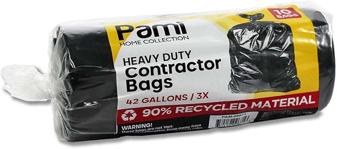 PAMI Heavy Duty 42 Gallon Construction Bags, Tear-Resistant Contractor Garbage Bags for Yard Waste Cleanup (10 Count, Black)