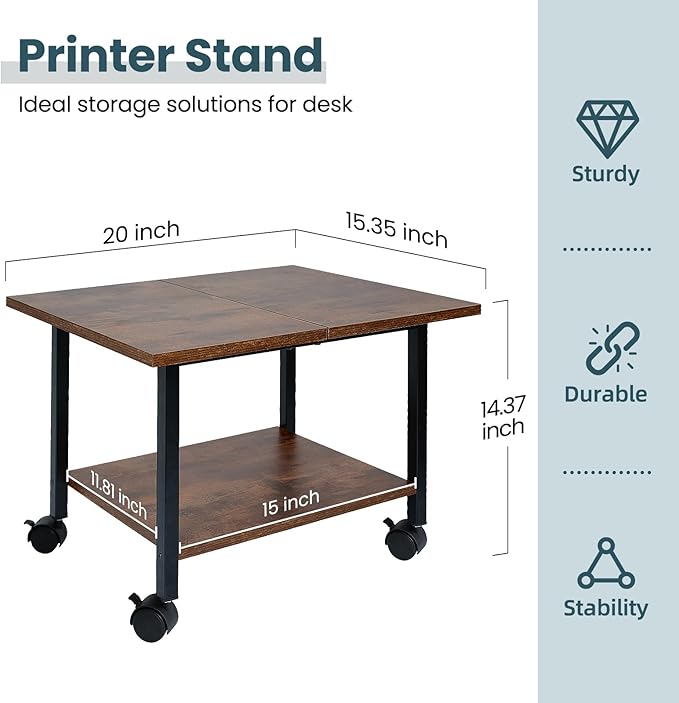 Printer Stand with Storage Under Desk Shelf, Desktop Printer Stand Organizer, Rolling Printer Cart Storage Paper Files Holder for Desk, Office, Home, (Rustic Brown)