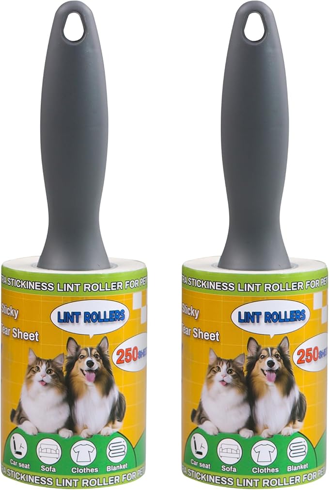 Lint Rollers 2 Pack for Pet Hair 500 Sheets Extra Sticky Pet Hair Remover for Clothes Furniture Carpet Cleaner Cars Dogs Travel-Friendly Grip Handle