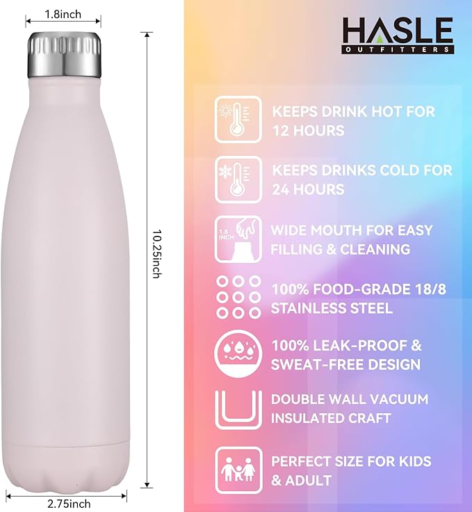 HASLE OUTFITTERS 17oz Stainless Steel Water Bottles Bulk, Vacuum Insulated Water Bottles Double Walled Powder Coated Reusable Metal Sports Water Bottles Keep Drinks Hot and Cold,Pink,4Packs