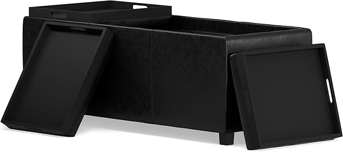 SIMPLIHOME Avalon 42 inch Wide Contemporary Rectangle Storage Ottoman in Distressed Black Vegan Faux Leather, Assembled, For the Living Room, Entryway and Family Room