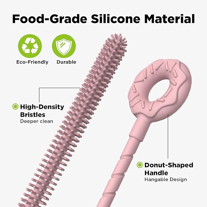 2 Pcs Silicone Straw Cleaner Brush, Extra Long Cleaning Brushes for Straws, 6mm&9mm, Pink