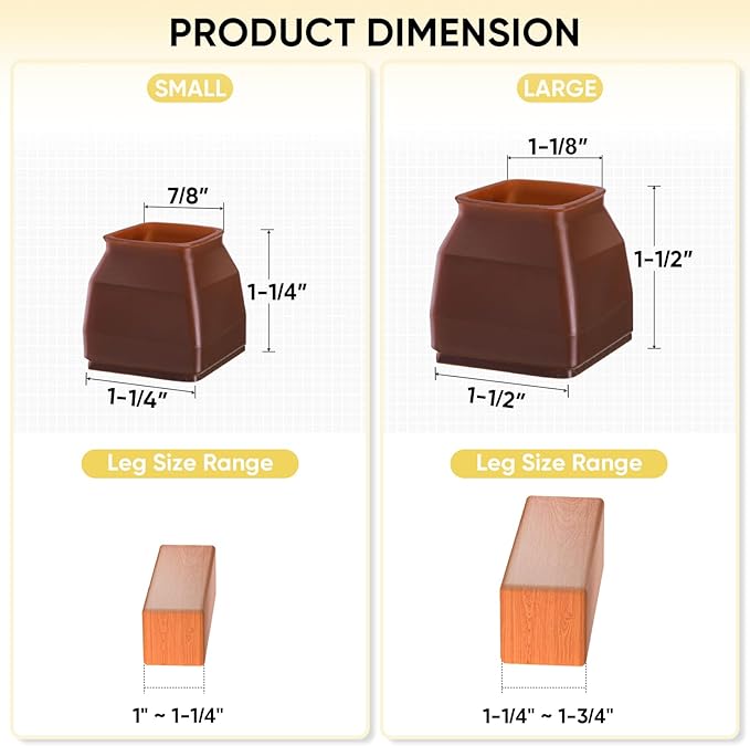 BALEINE 16 Pack Silicone Chair Leg Floor Protectors, Stool Leg Protectors Cap, Non-Slip Chair Leg Caps for Hardwood Floors (Brown & Large (Square), 16 Pack)
