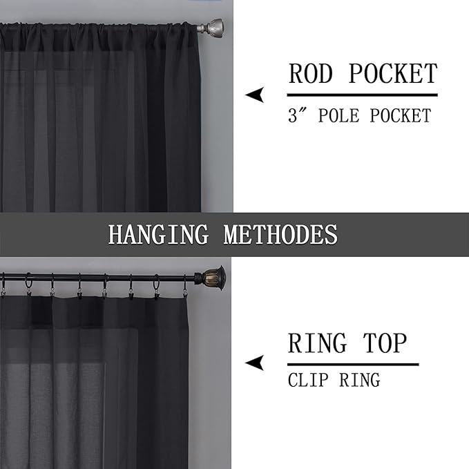 Tollpiz Short Sheer Curtain Linen Textured Bedroom Curtains Sheer Light Filtering Rod Pocket Voile Curtain for Living Room, 54 x 54 inches Long, Black, Set of 2 Panels