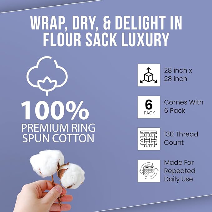 WHITEWRAP Flour Sack Towels| Tea Towel for Crafts| Kitchen Dish Cotton Blank Towel for Embroidery|Baking Bread Proofing Linen Cover| Thick Absorbent Quick Dry| 6 Pack 28"x28" Natural