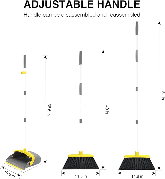 NACENA Broom and Dustpan Set, 52-in Long Adjustable Handle Broom Dustpan Combo with Dustpan Teeth to Automatically Clean Hair Suitable for Home Kitchen Office Hall Floor (Grey&Yellow), 4 Pack
