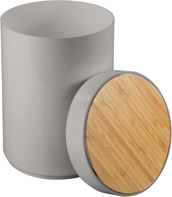 mDesign Plastic Round Trash Can Small Wastebasket - Garbage Bin Container with Swing-Close Lid - Bathroom Garbage Basket - Holds Waste, Recycling - 1.3 Gallon - Basa Collection - Gray/Natural