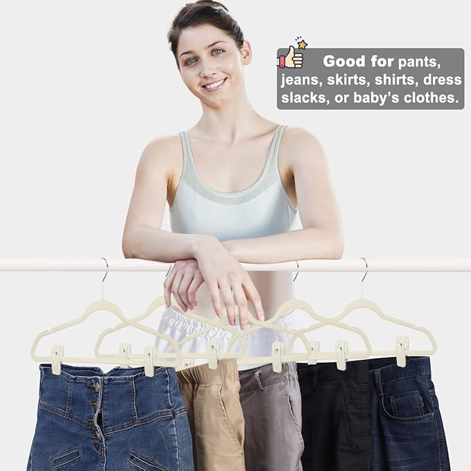 Beige Velvet Hangers (50-Pack), Non-Slip Velvet Clips for Skirts, Suits